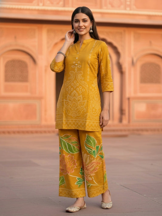 Ethnic Motif Printed Straight Kurta with Wide-Leg Pants - Mustard Yellow