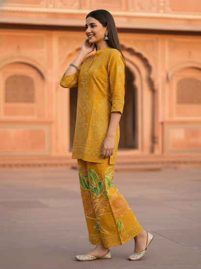 Ethnic Motif Printed Straight Kurta with Wide-Leg Pants - Mustard Yellow