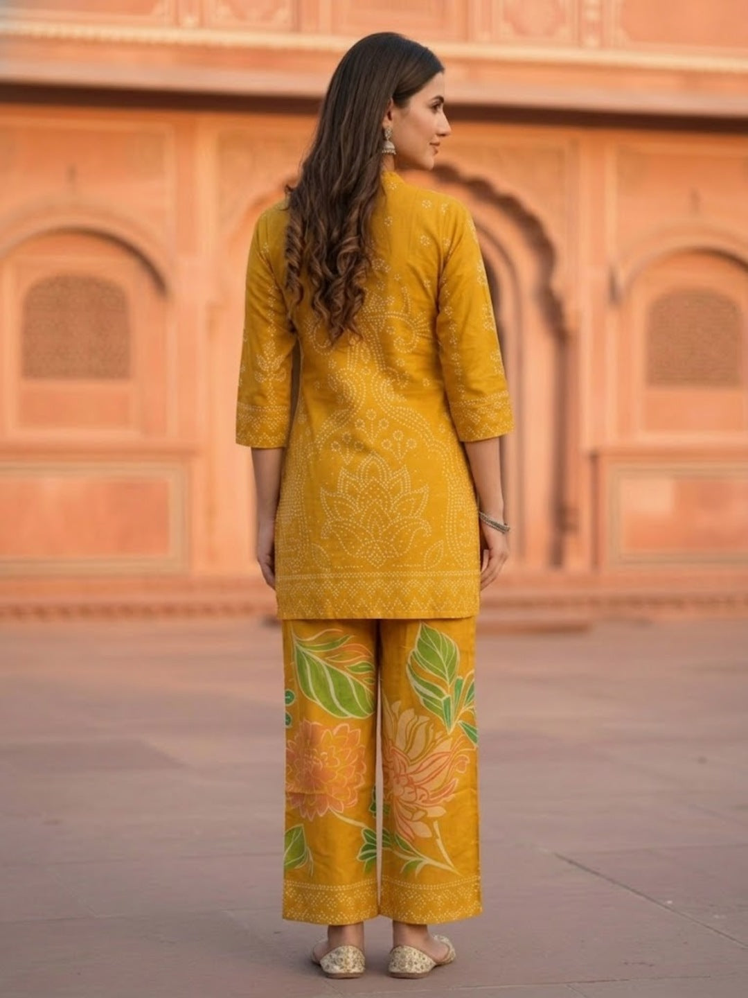Ethnic Motif Printed Straight Kurta with Wide-Leg Pants - Mustard Yellow