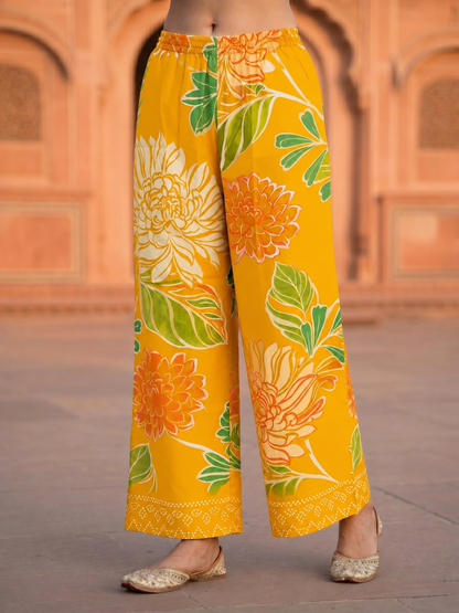 Ethnic Motif Printed Straight Kurta with Wide-Leg Pants - Mustard Yellow