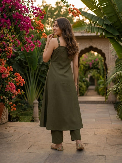 Solid Floral Embroidered A-Line Paneled Kurta with Pant- Olive