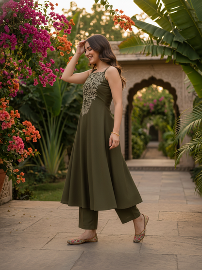 Solid Floral Embroidered A-Line Paneled Kurta with Pant- Olive