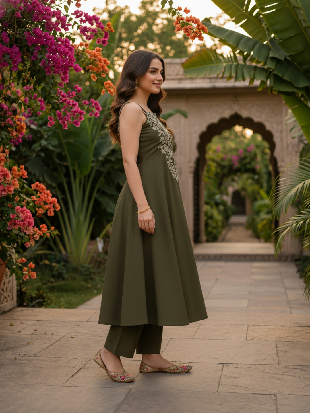 Solid Floral Embroidered A-Line Paneled Kurta with Pant- Olive