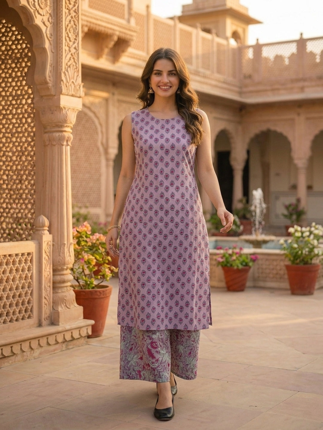 Ethnic Floral Block Printed A-Line Kurta with Palazzo- Lavender
