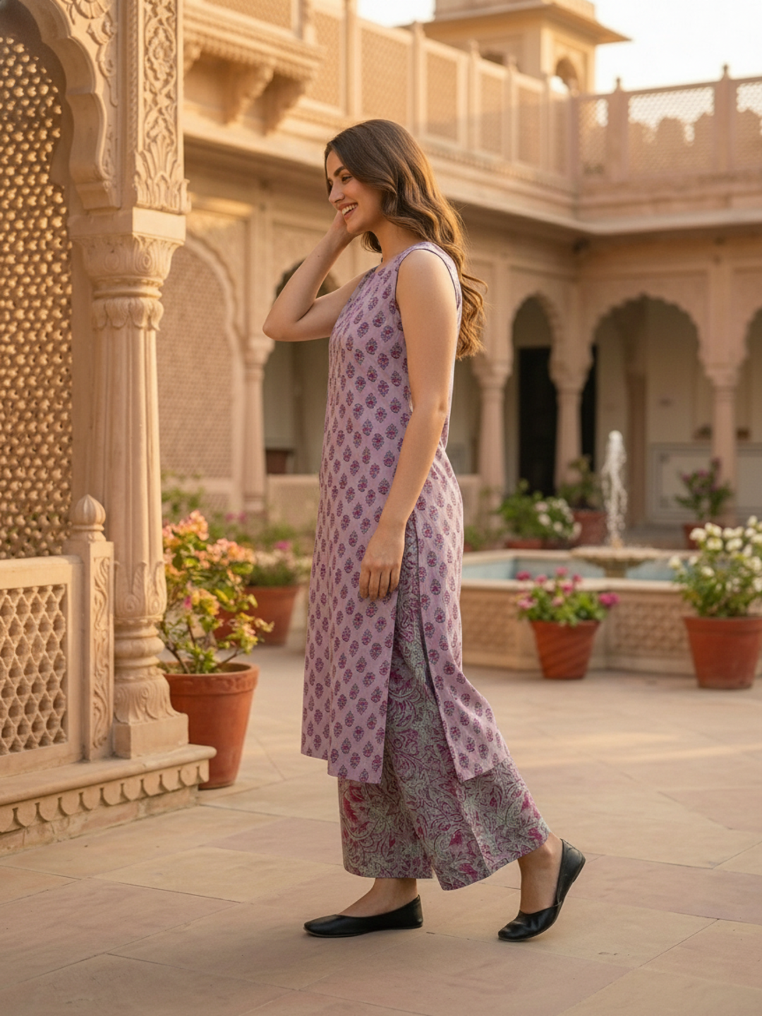 Ethnic Floral Block Printed A-Line Kurta with Palazzo- Lavender