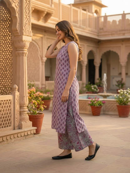 Ethnic Floral Block Printed A-Line Kurta with Palazzo- Lavender