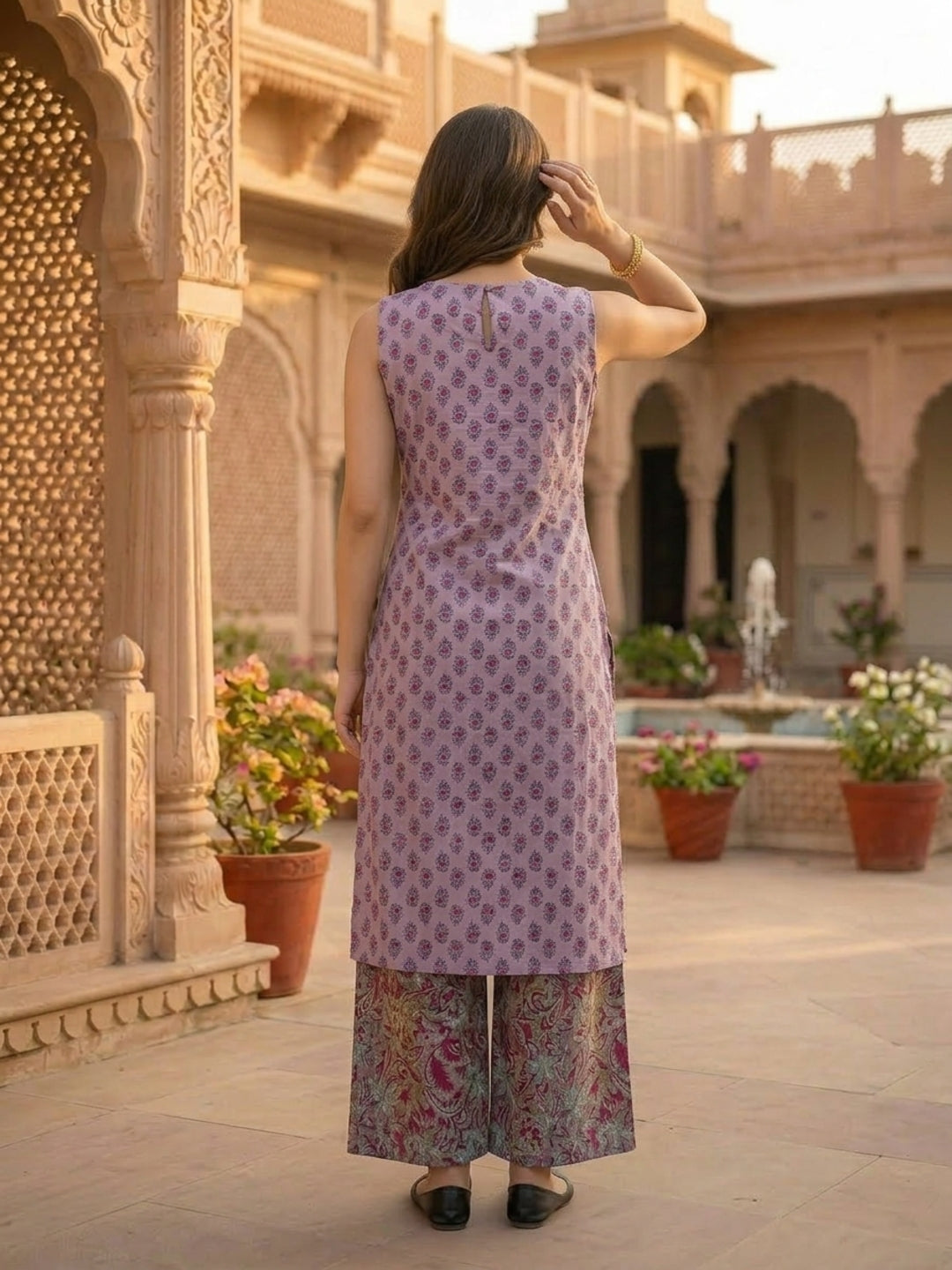 Ethnic Floral Block Printed A-Line Kurta with Palazzo- Lavender
