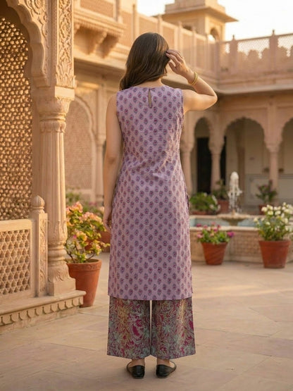 Ethnic Floral Block Printed A-Line Kurta with Palazzo- Lavender