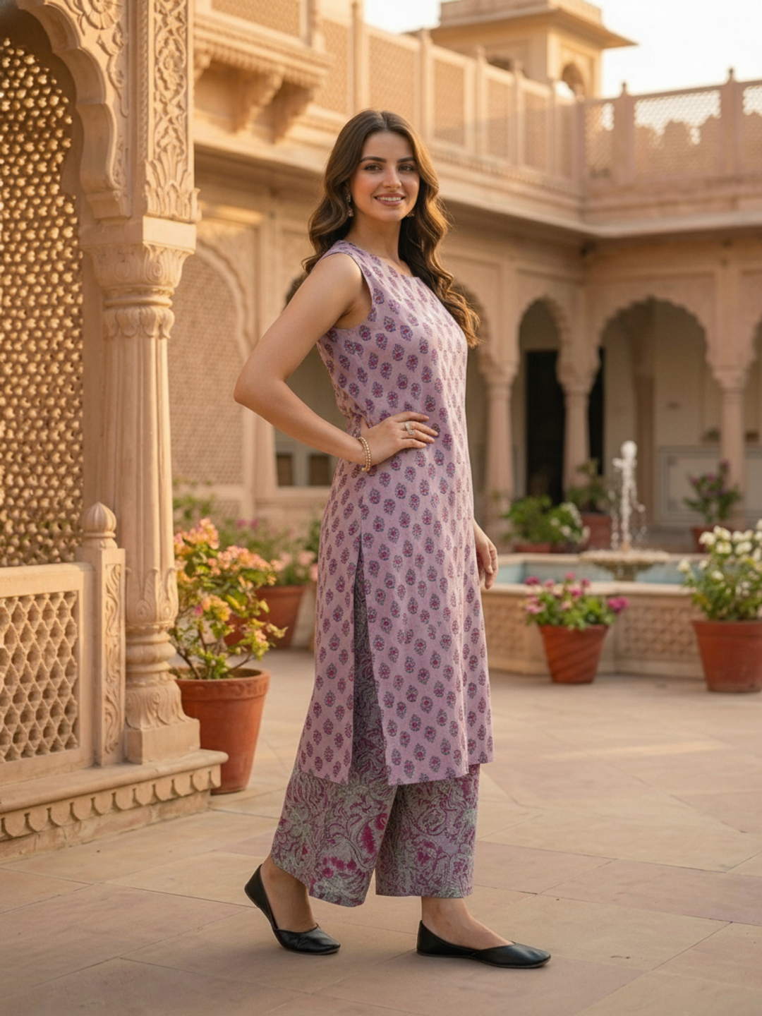 Ethnic Floral Block Printed A-Line Kurta with Palazzo- Lavender