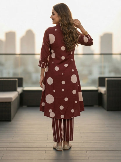 Polka Dot Printed A-Line Kurta with Palazzo- Maroon