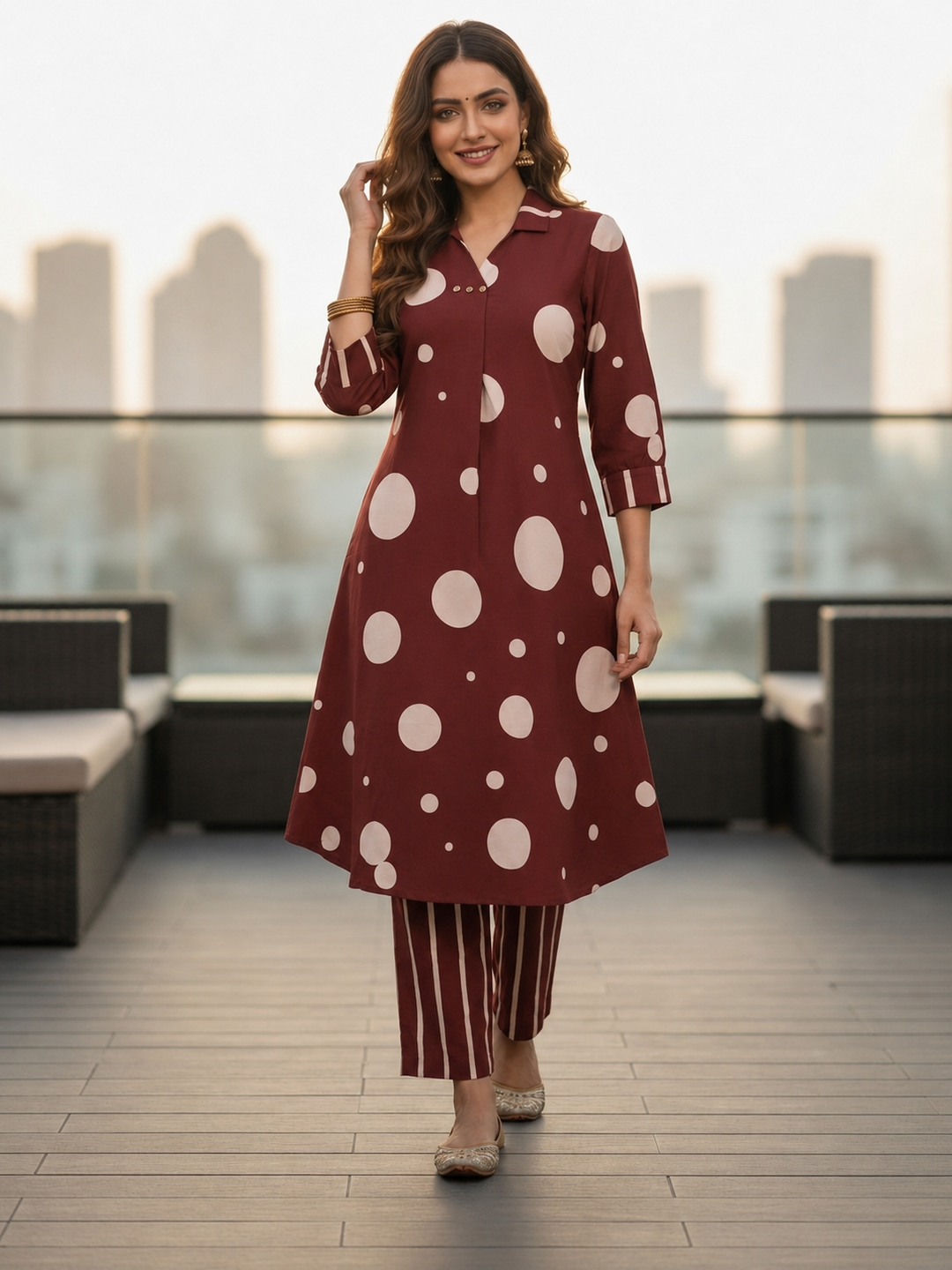 Polka Dot Printed A-Line Kurta with Palazzo- Maroon