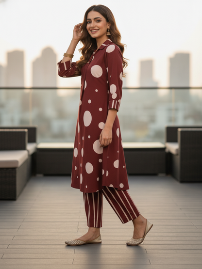 Polka Dot Printed A-Line Kurta with Palazzo- Maroon