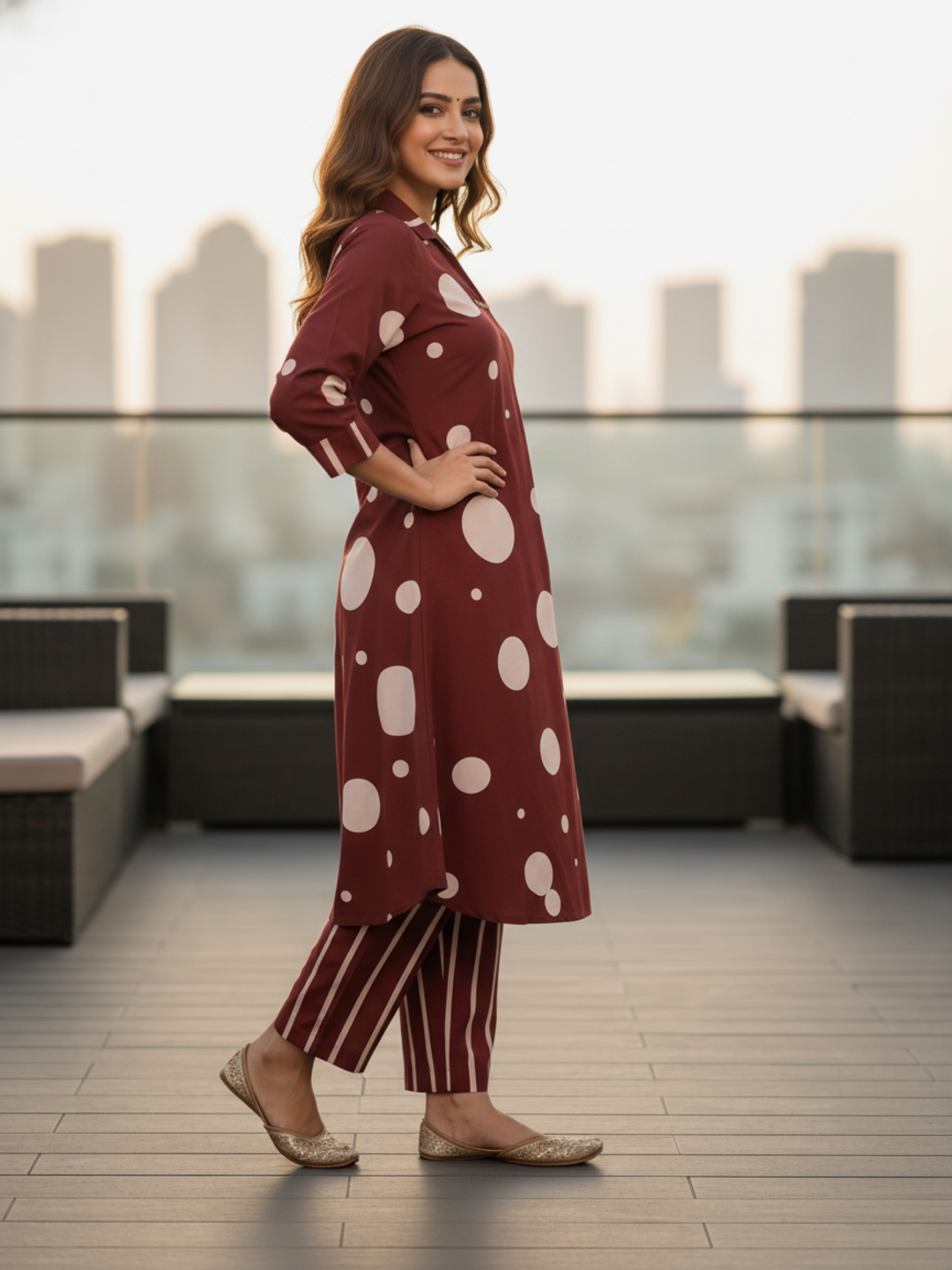 Polka Dot Printed A-Line Kurta with Palazzo- Maroon
