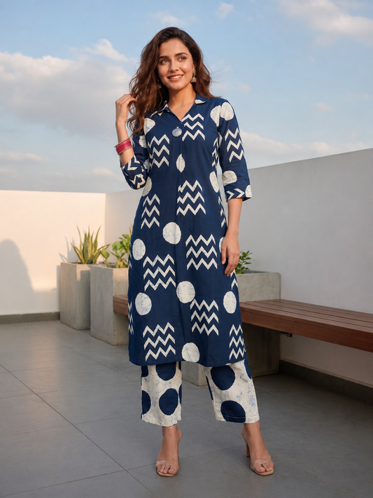 Navy Blue Geometric Printed Kurta Set with Straight Pant