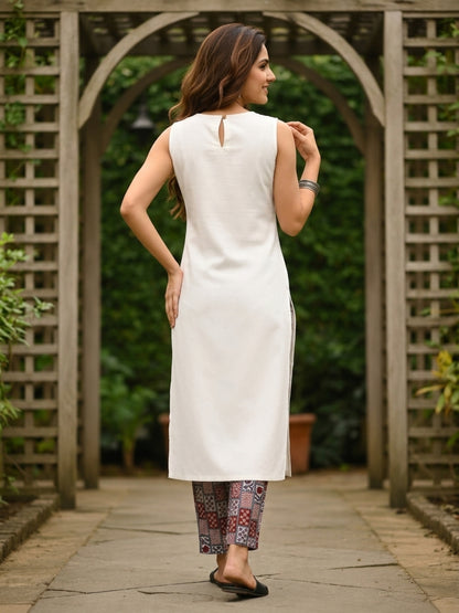 Solid Checks Printed A-Line Kurta with Pant- Off White
