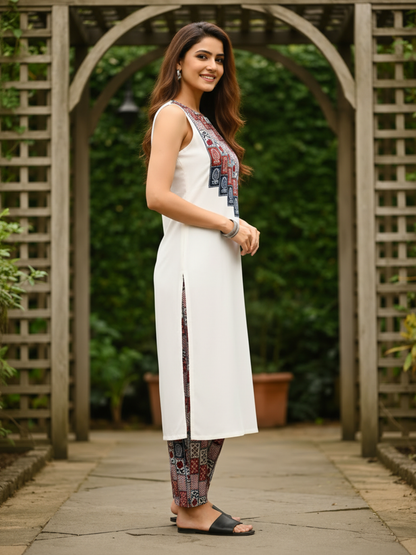 Solid Checks Printed A-Line Kurta with Pant- Off White
