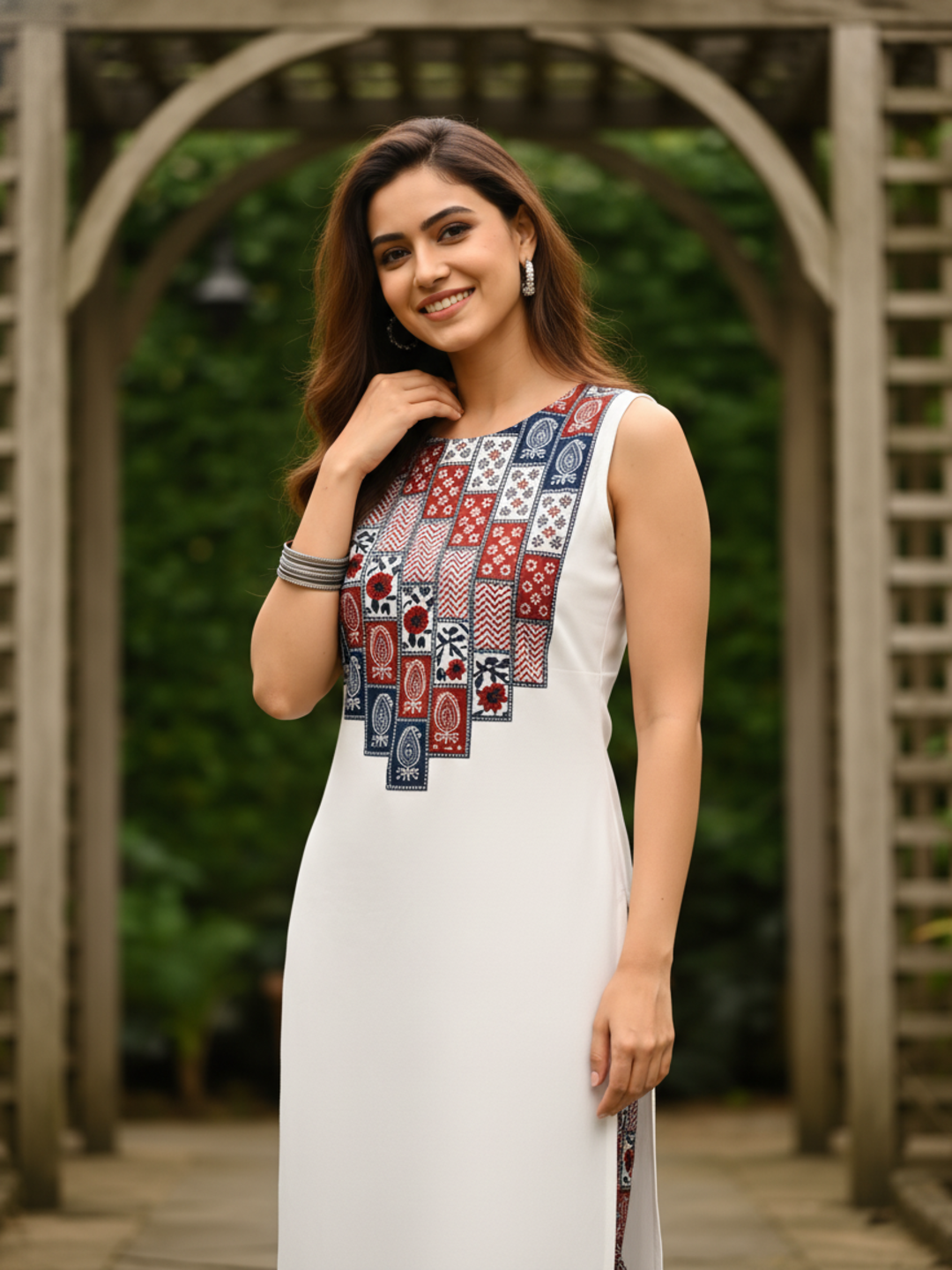 Solid Checks Printed A-Line Kurta with Pant- Off White