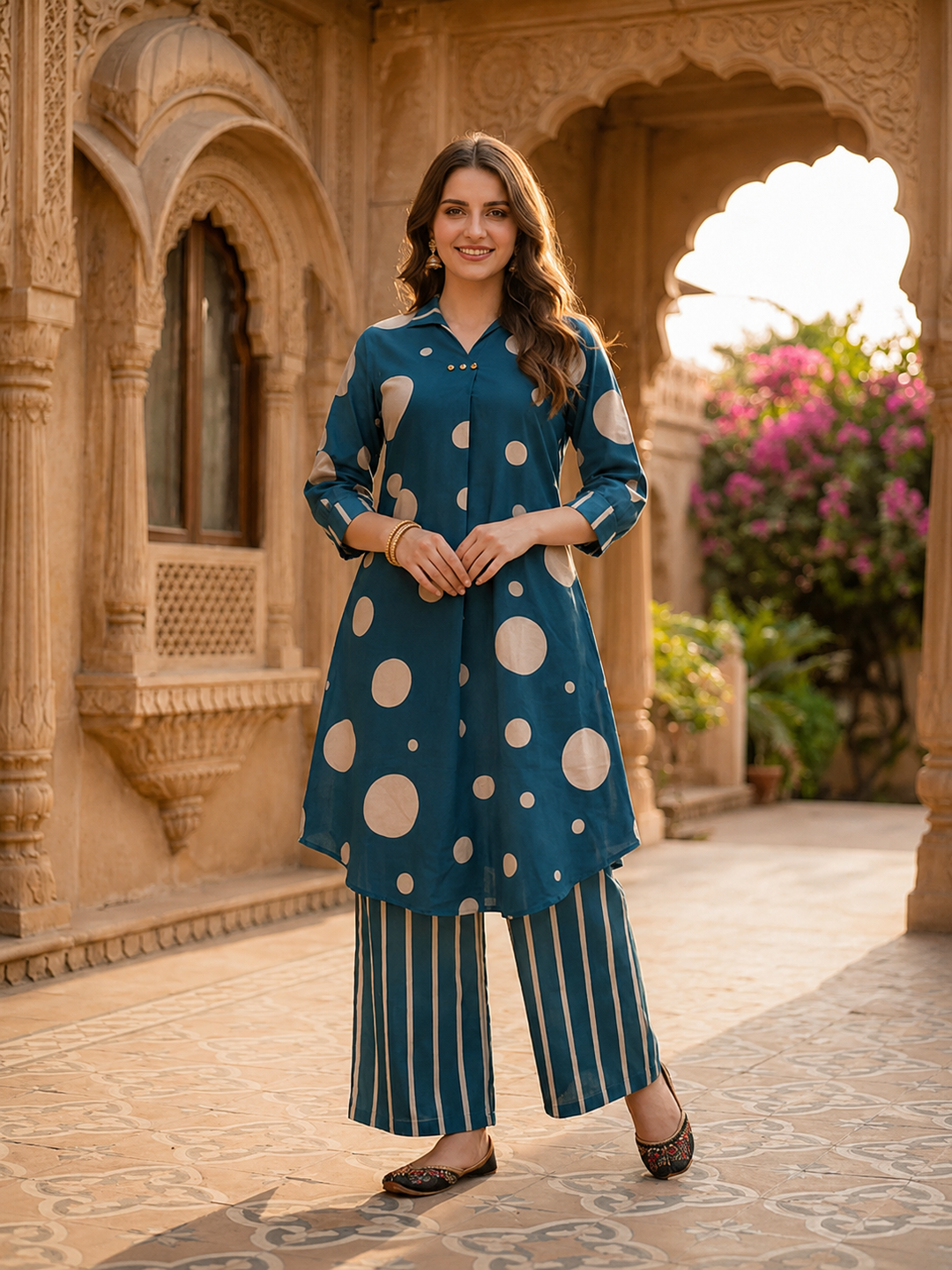 Teal Polka Dot Printed A-Line Kurta with Striped Palazzo
