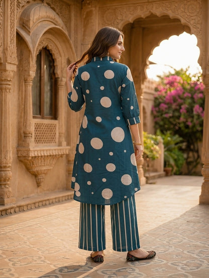 Teal Polka Dot Printed A-Line Kurta with Striped Palazzo