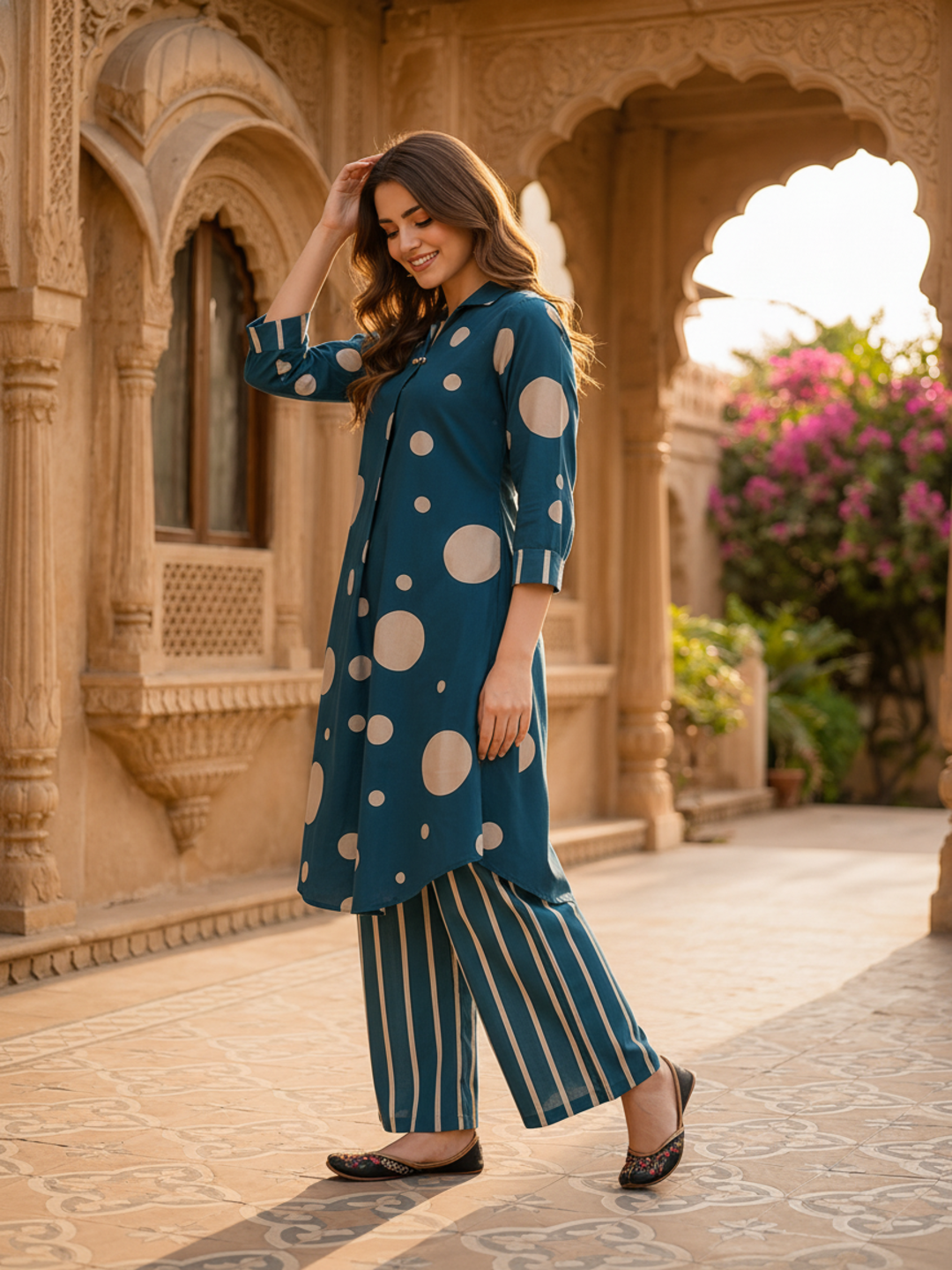 Teal Polka Dot Printed A-Line Kurta with Striped Palazzo