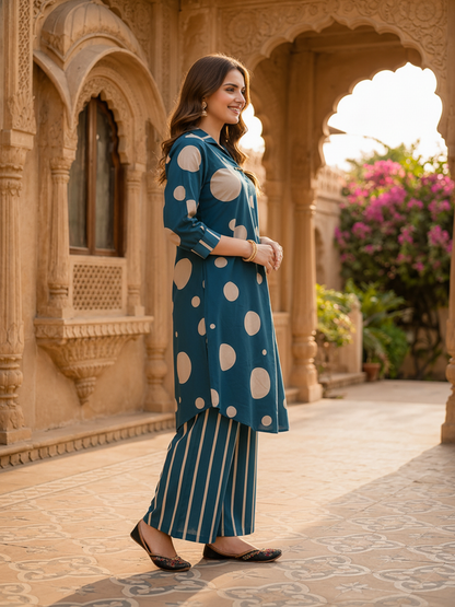 Teal Polka Dot Printed A-Line Kurta with Striped Palazzo