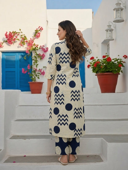Ivory & Navy Blue Geometric Printed Kurta Set with Straight Pant
