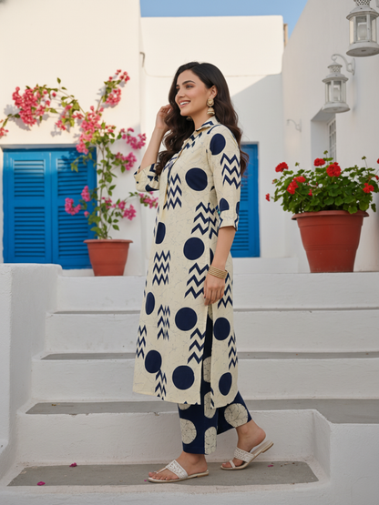 Ivory & Navy Blue Geometric Printed Kurta Set with Straight Pant