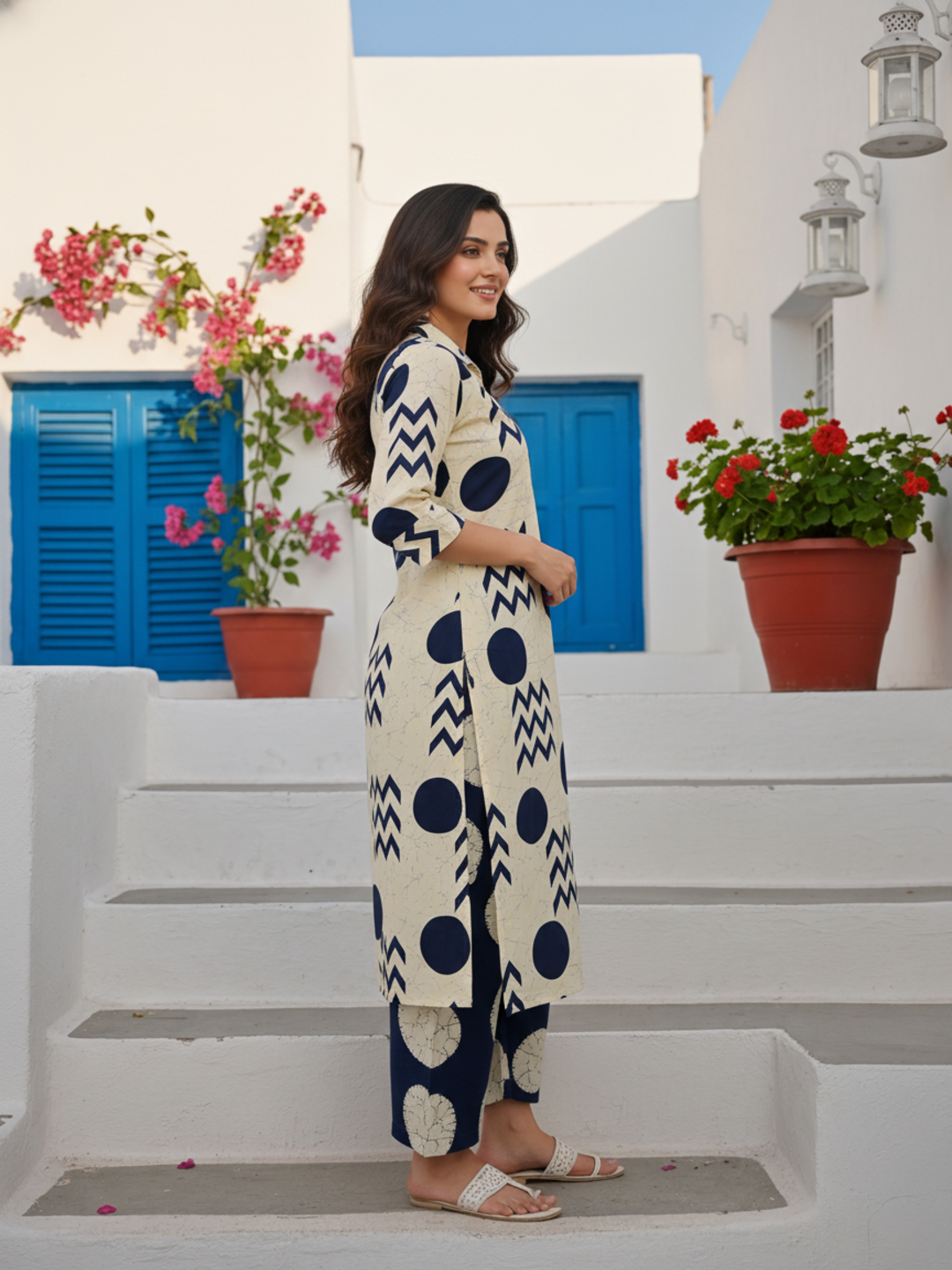 Ivory & Navy Blue Geometric Printed Kurta Set with Straight Pant