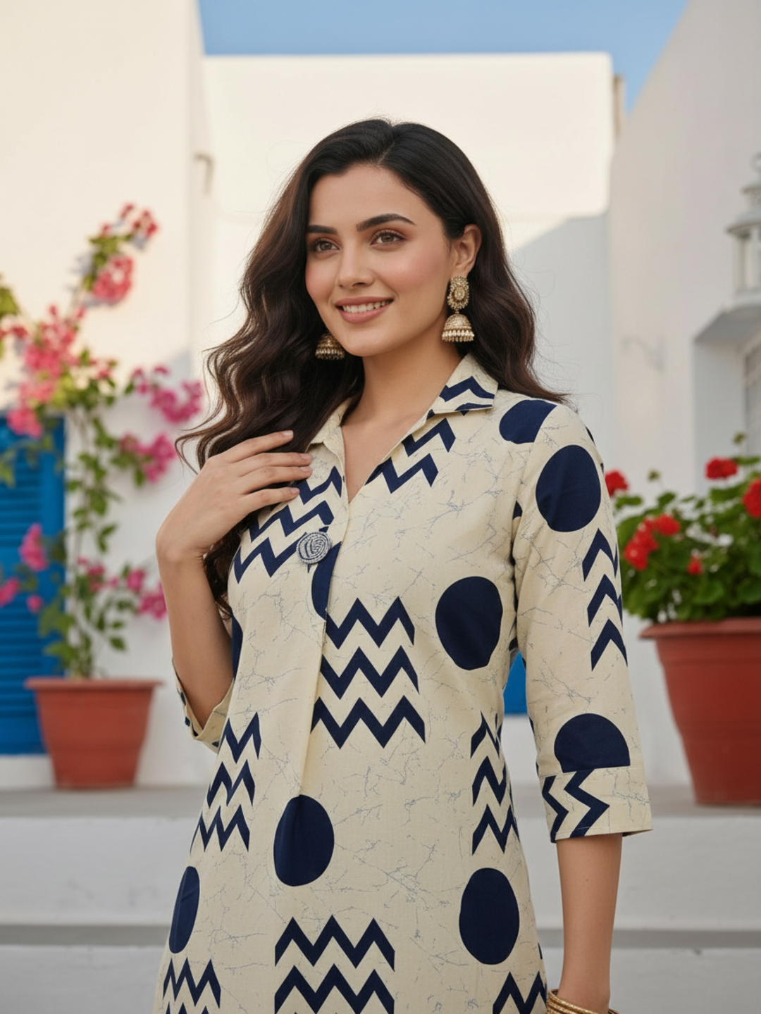 Ivory & Navy Blue Geometric Printed Kurta Set with Straight Pant