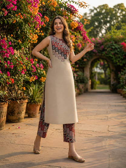 Solid Checks Printed A-Line Kurta with Pant- Taupe