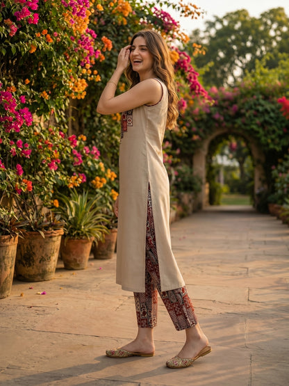 Solid Checks Printed A-Line Kurta with Pant- Taupe