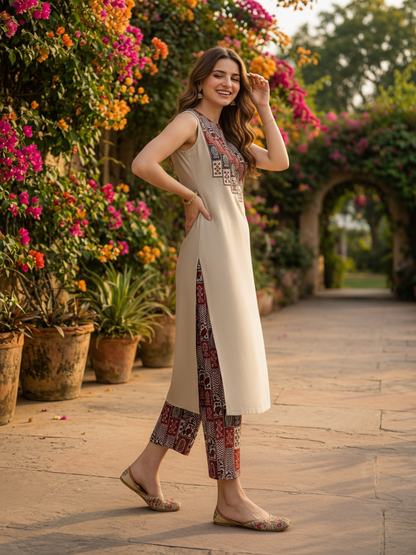 Solid Checks Printed A-Line Kurta with Pant- Taupe