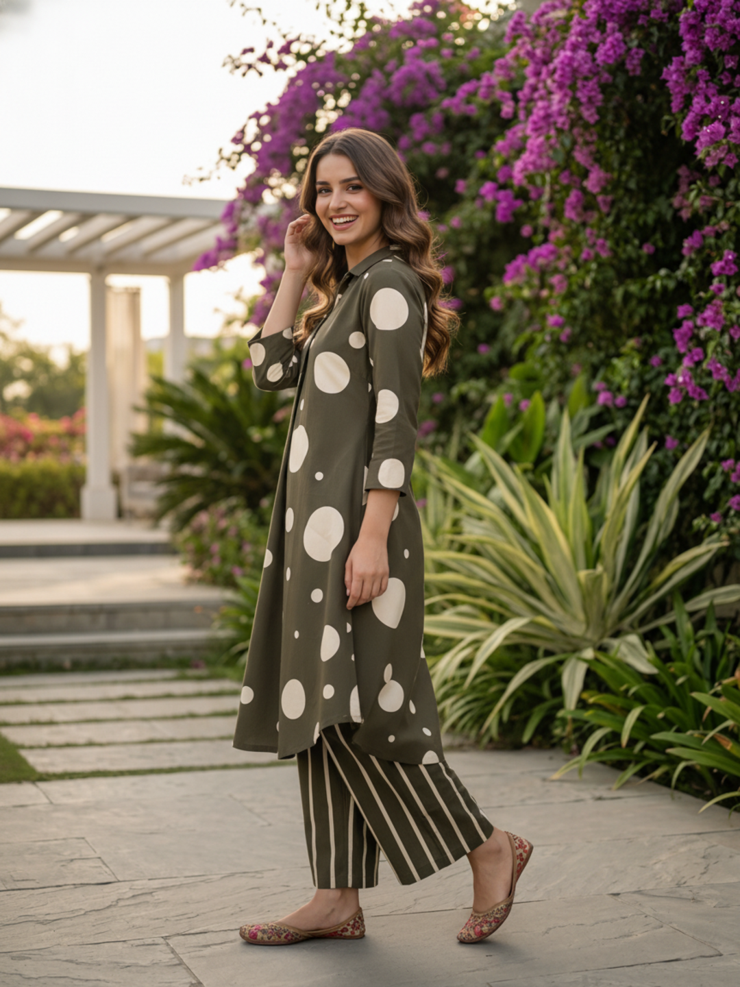 Olive Green Polka Dot Printed A-Line Kurta Set with Striped Pant