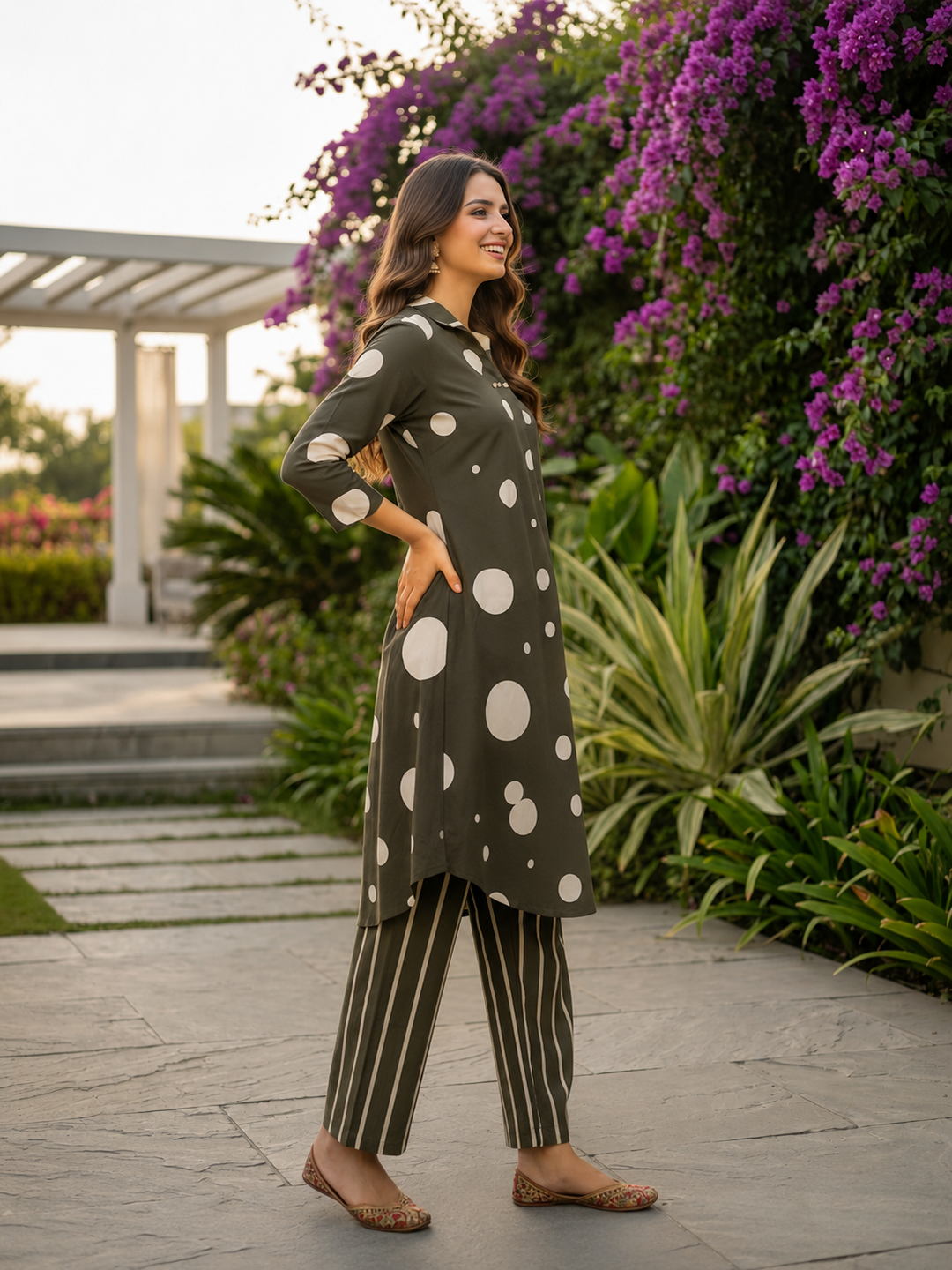 Olive Green Polka Dot Printed A-Line Kurta Set with Striped Pant