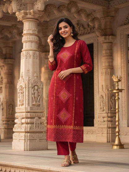 Ethnic Printed Embroidered A-Line Kurta with Palazzo & Dupatta- Red