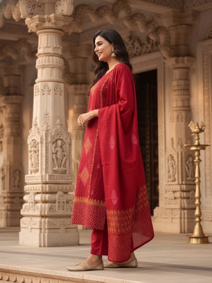 Ethnic Printed Embroidered A-Line Kurta with Palazzo & Dupatta- Red