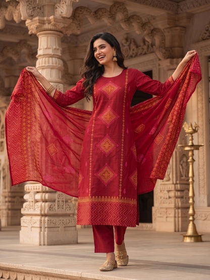 Ethnic Printed Embroidered A-Line Kurta with Palazzo & Dupatta- Red