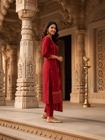 Ethnic Printed Embroidered A-Line Kurta with Palazzo & Dupatta- Red