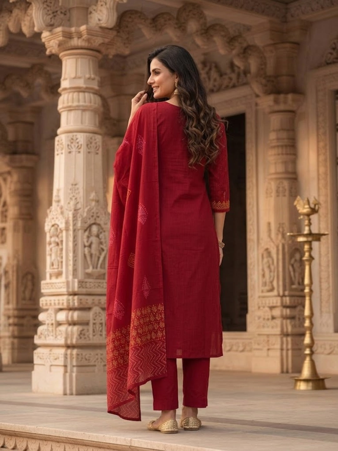 Ethnic Printed Embroidered A-Line Kurta with Palazzo & Dupatta- Red
