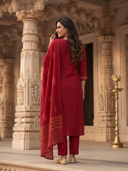 Ethnic Printed Embroidered A-Line Kurta with Palazzo & Dupatta- Red
