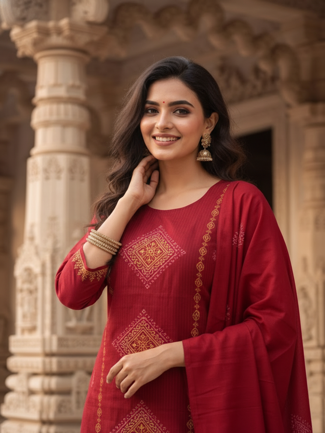 Ethnic Printed Embroidered A-Line Kurta with Palazzo & Dupatta- Red