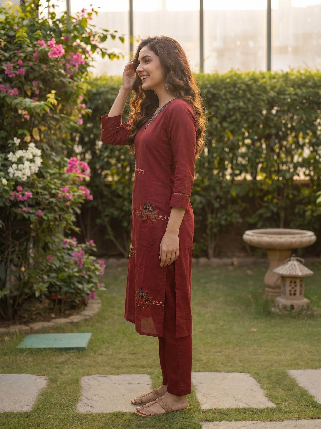Solid Patchwork Embroidered Kurta with Pant & Printed Dupatta- Maroon