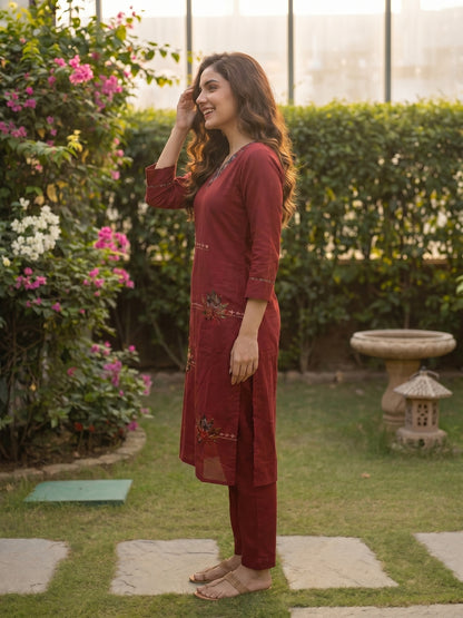 Solid Patchwork Embroidered Kurta with Pant & Printed Dupatta- Maroon