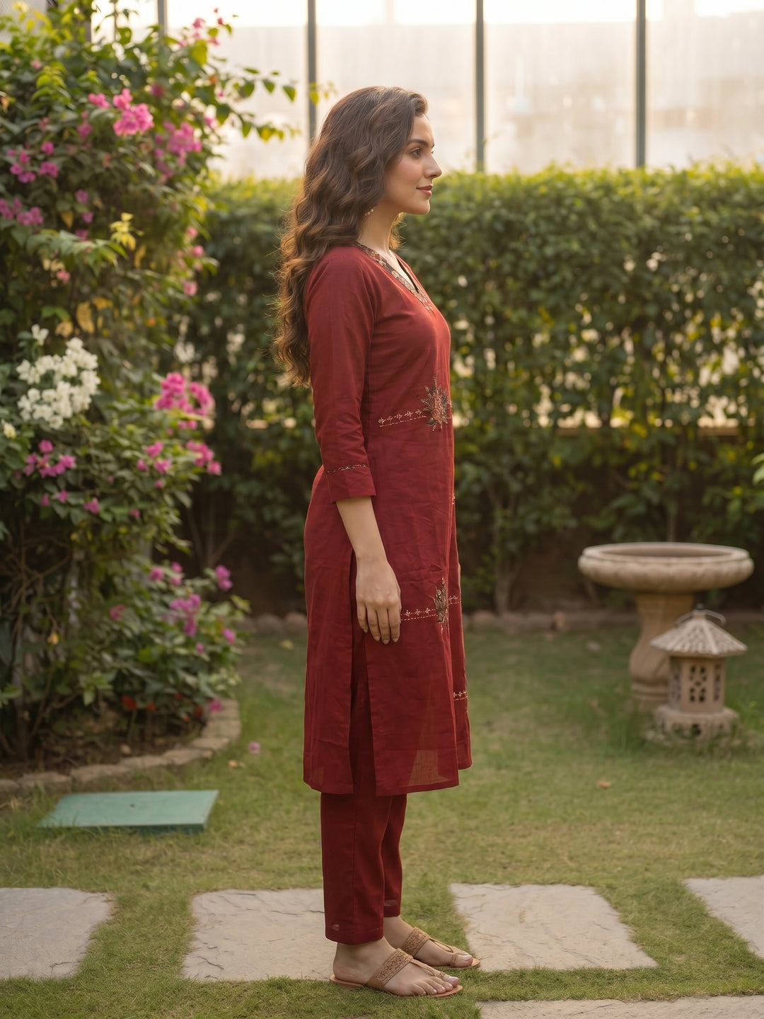 Solid Patchwork Embroidered Kurta with Pant & Printed Dupatta- Maroon