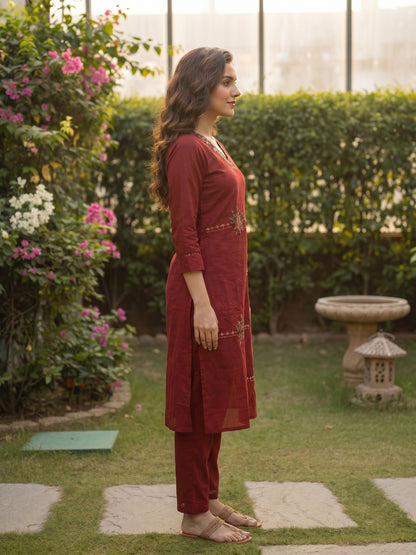Solid Patchwork Embroidered Kurta with Pant & Printed Dupatta- Maroon