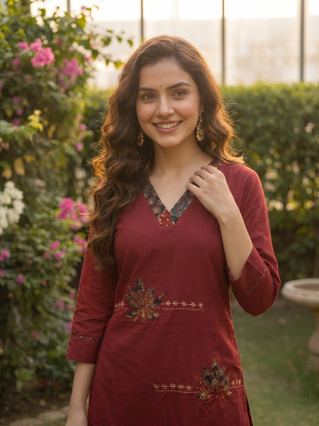 Solid Patchwork Embroidered Kurta with Pant & Printed Dupatta- Maroon
