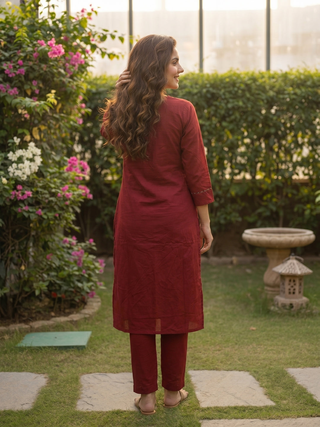 Solid Patchwork Embroidered Kurta with Pant & Printed Dupatta- Maroon