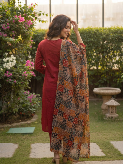 Solid Patchwork Embroidered Kurta with Pant & Printed Dupatta- Maroon