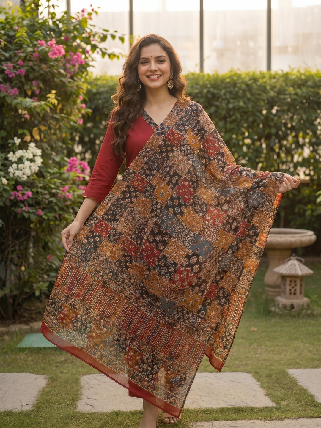 Solid Patchwork Embroidered Kurta with Pant & Printed Dupatta- Maroon
