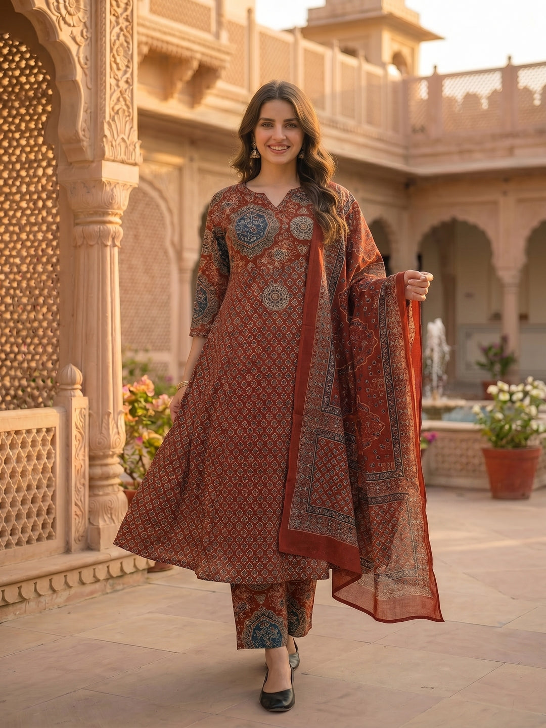 Ethnic Printed Embroidered Anarkali Kurta with Palazzo & Dupatta- Maroon